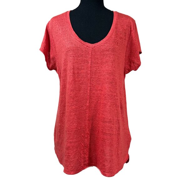 Tahari Salmon Pink 100% Linen V-Neck Short Sleeve Coastal Top Size XL - Picture 1 of 8